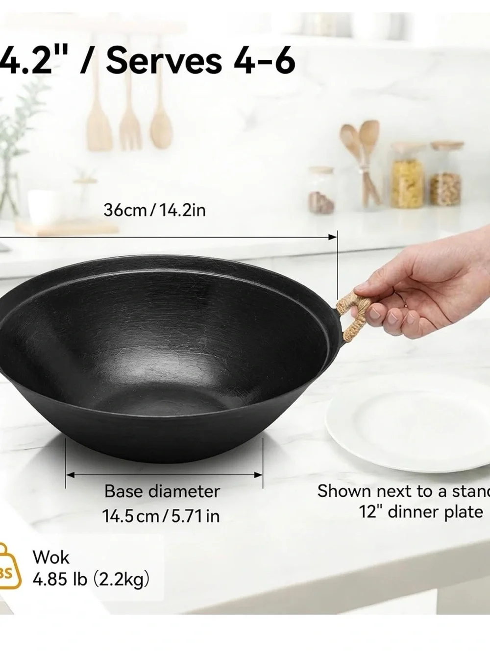 Black Carbon Steel Wok with Bamboo Lid and Cleaning Brush